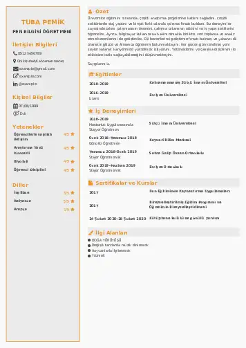Fen Bilgisi Öğretmeni CV Örnekleri cv indir